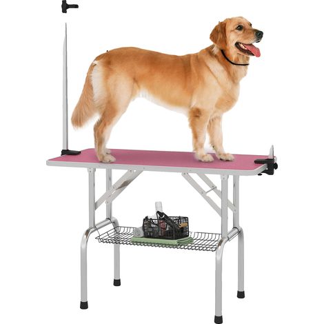 Mesa de peluquería, superficie antideslizante, altura regulable, color rosa. (1/2)