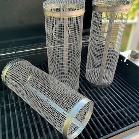 20×9cm Panier à Griller Roulant Grille de Barbecue en Acier Inoxydable avec Panier de Grillage cylindrique pour lémes de Gril extérieur, Frites Accessoires de Cuisson au Gril 3pcs (1/5)