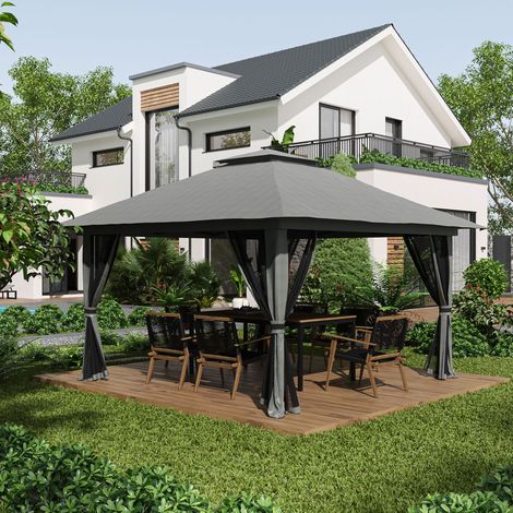 Gazebo pieghevole 3,92 x 3,92 m con doppio tetto, pareti con zanzariera, altezza regolabile, ferro grigio scuro (1/5)