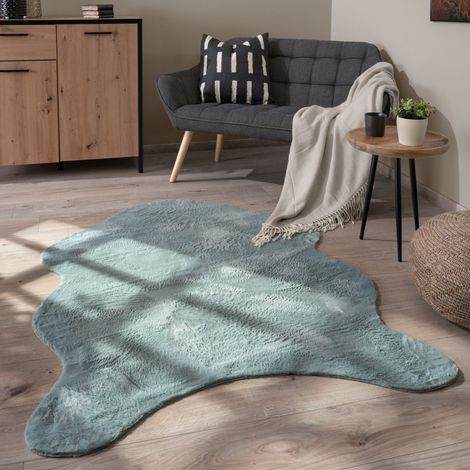 Paco Home Teppich Wohnzimmer Kurzflor Modernes Kunstfell Fellform Weich Einfarbig Rutschfest Türkis, 120x160 cm Fell-form