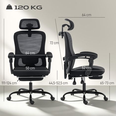 Chaise bureau ergonomique maille appui-tête soutien lombaire 64x64x124cm, noir (1/4)