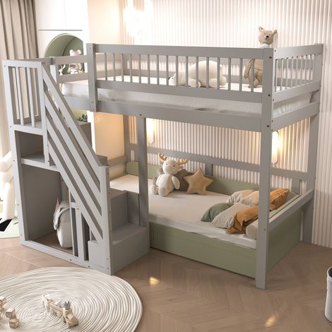 Lits superposés 90x200 bois massif lit enfant, escalier avec meuble de rangement, version haute - gris (sans Matelas) (1/5)