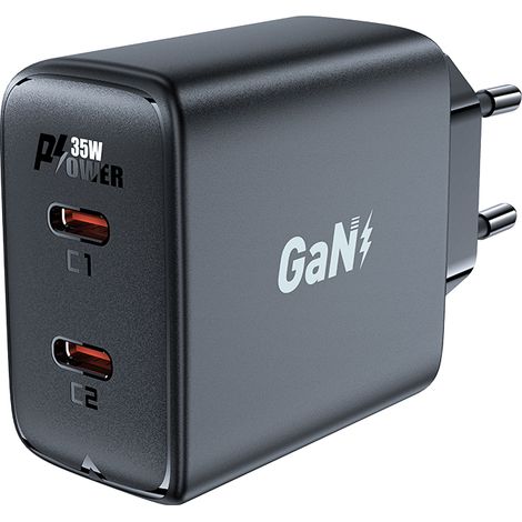 Schnelles GaN 35W PD 2x USB-C Wandladegerät Schwarz (1/5)