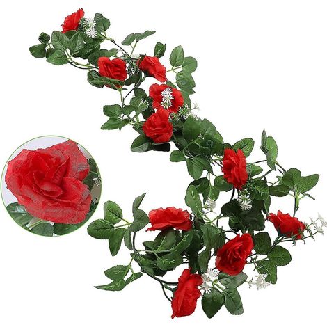 Lot de 2 guirlandes de Roses artificielles avec 10 têtes Simulation de Feuilles Vertes en Soie Rouge Décoration Romantique pour la Maison, Le Jardin, Les fêtes de Mariage 2.2m