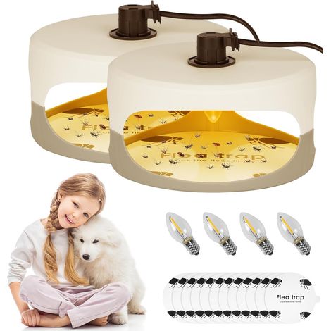 Piège à Puces, 2PCS Piège pour Puces, Piège à Puces Maison, Lampe Piège À Puces avec 4 Ampoules 12 Disques Adhésifs, sans Odeur, Naturel (1/5)