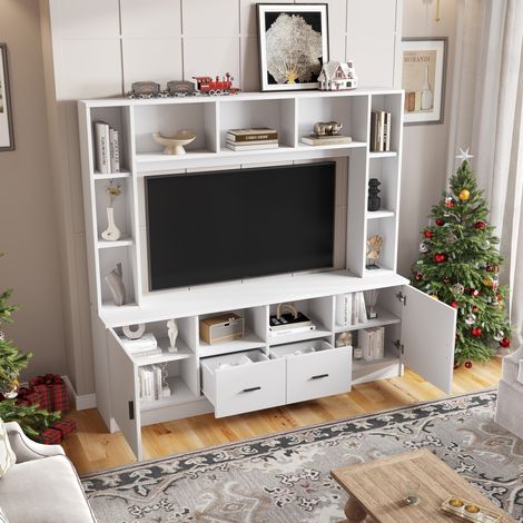 Meuble TV mural 180x35x170cm, ensemble living-room avec vitrine, meuble multimedia et étagère, rangement 2 armoires, 2 tiroirs, 11 compartiments, pour TV jusqu'à 60'', blanc (1/5)
