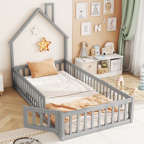 Lit enfant - 90 x 200 cm - Forme de cheminée - Barrières de sécurité - Bois massif gris (1/5)