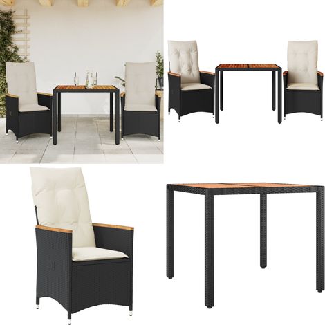 3-tlg. Bistro-Set mit Kissen Schwarz Poly Rattan - Gartenmöbel - Bistroset - Lounge Set - Outdoor Möbel - Rattan Sessel - Home & Living (1/5)