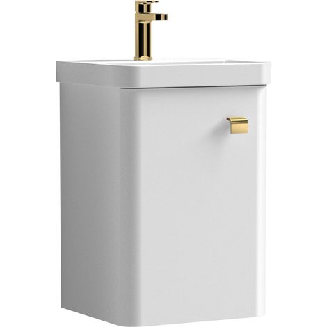 Balterley Flashbrook Modern Bathroom Wall Hung 1 Soft Close Door Vanity Unit & Ceramic Basin, Gloss White/Brushed Brass, 379mm