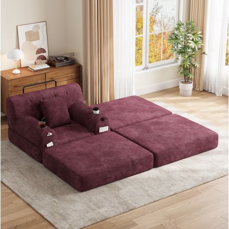 Fauteuil-lit 1 place avec pouf en velours côtelé, dossier haut, rouge vin (1/5)
