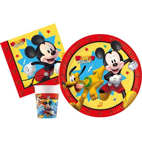 Kit Party Tavola Disney Mickey Jump into Fun per 8 persone (36 pezzi: 8 piatti Ø23cm, 8 bicchieri 200ml, 20 tovaglioli 33x33cm) in carta FSC compostabile eco-friendly (1/2)