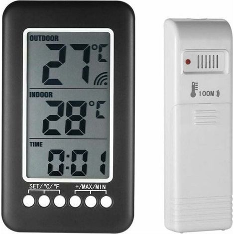 Reloj digital inalámbrico 2 en 1 con pantalla LCD para interiores y exteriores (°C/°F) y transmisor (batería no incluida). (1/4)