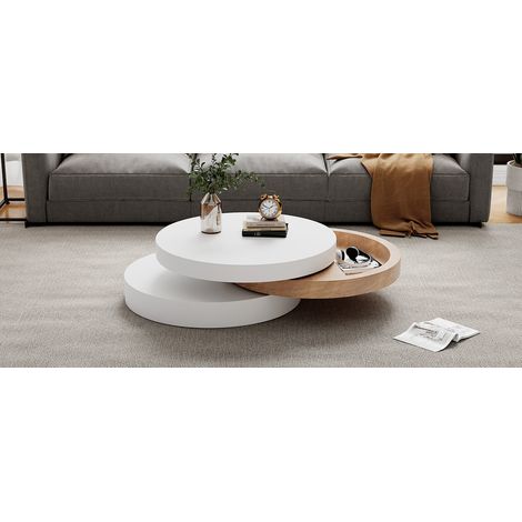 Table basse cylindrique blanche et bois en MDF avec plateaux pivotants à 360 , rangement caché et 3 niveaux pour salon et séjour (1/5)