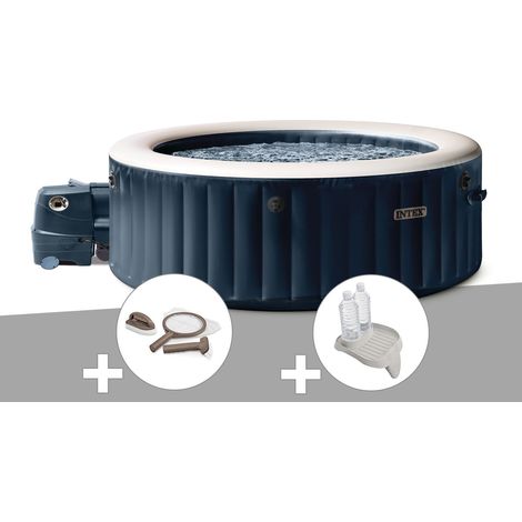 Kit spa gonflable Intex PureSpa Blue Navy rond Bulles 4 places + Kit d'entretien + Porte-verre