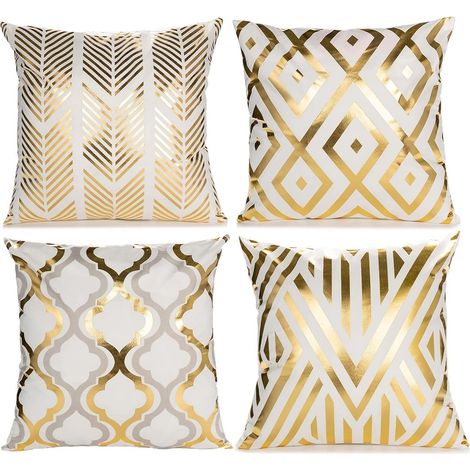 JSSEVN - Set of 4 Modern Geometric Cushion Covers with Invisible Zipper, Pillowcase for Home Decor, Living Room, Bedroom, 45 x 45cm (White and Gold) (1/5)