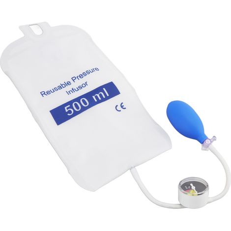 Sac de perfusion sous pression 500ml avec manomètre, haute résistance à l'usure et étanchéité optimale pour perfusion rapide en urgence.