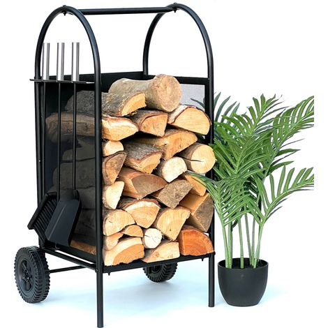 DanDiBo Kaminholzregal Innen Metall Schwarz Kaminholzständer 80 cm mit Kaminbesteck und Rädern 96358 Kaminholzwagen Holzkorb Kaminholzhalter Holzregal