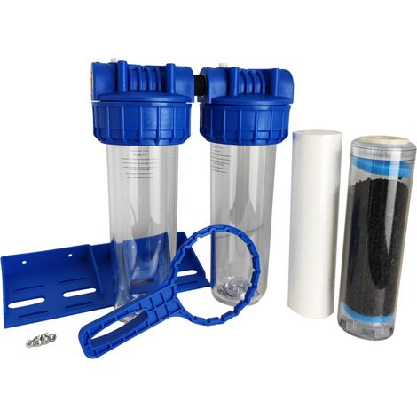 Portafiltro Doppio Acqua 9"3/4 20/27f Con Sedimento 20µm E Cartuccia A Carboni Attivi