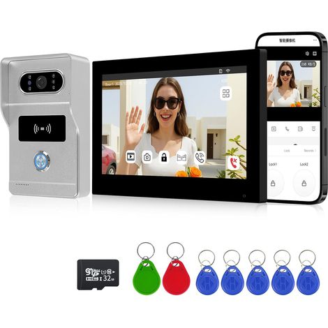2 FilsTuya et 1080P Système d'Intercommunication avec Interphone Vidéo, Déblocage RFID,Détection de Mouvement,Vision Nocturne et Lecture Vidéo,Idéal pour Les Appartements (1/5)
