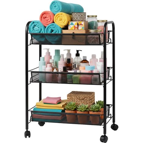 Relaxdays Rollwagen, 3 offene Ebenen, Metall, HxBxT: 62,5 x 43,5 x 26 cm, 4 Rollen, Küche, Bad, Beistellwagen, schwarz