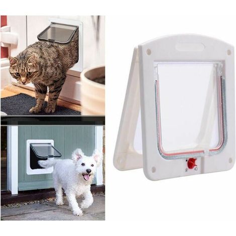 Cat Flap, 4 Way Lockable Cat Flap for Cat, Small Dog, Easy to Install and Use(M,White)