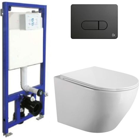 Pack wc ok Suspendido  Blanco Brillo  Rimless con Cisterna Empotrada y Pulsador Negro (1/5)