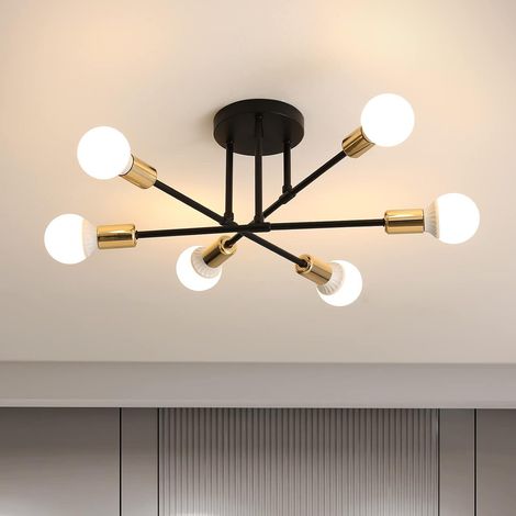 Vintage-Industrie-Kronleuchter aus Metall mit 6 Leuchten, E27-Fassung, geeignet für Wohnzimmer, Schlafzimmer, Küche usw., schwarz und gold, Leuchtmittel nicht enthalten (1/5)