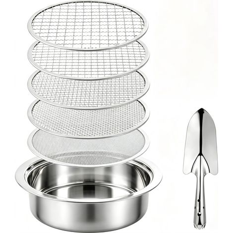 Tamis filtrant rond en acier inoxydable 5 en 1, outil de jardinage pour trier terre végétale compost pierres, adapté aussi à la litière des chats (1/5)