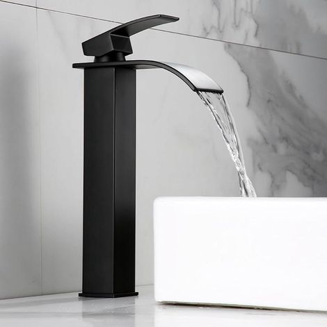 Robinet cascade noir pour évier, mitigeur 1 trou eau chaude froide, design moderne salle de bain (1/4)