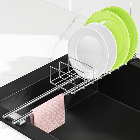 Égouttoir à Vaisselle, Petit egouttoir à Vaisselle Extensible en Acier Inoxydable sur l'évier avec Porte-torchon pour évier, egouttoirs Couverts Cuisine Compact pour Assiettes, torchons, Argent (1/5)