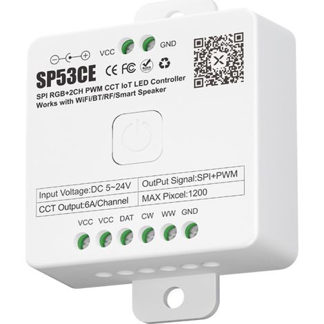 The SP53CE Bluetooth/WiFi dual-mode SPI RGB PWM CCT controller supports Xiao Ai and Xiao Du smart voice assistants.