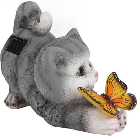 Figurine de chat pour jardin, en résine imperméable, solaire, chat mignon tenant un papillon, décoration pour patio, balcon, cour ou pelouse. (1/5)