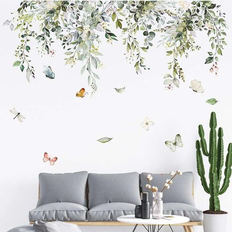 Autocollants muraux à feuilles vertes, autocollants floraux et papillons DIY pour chambre, salon et bureau (1/5)