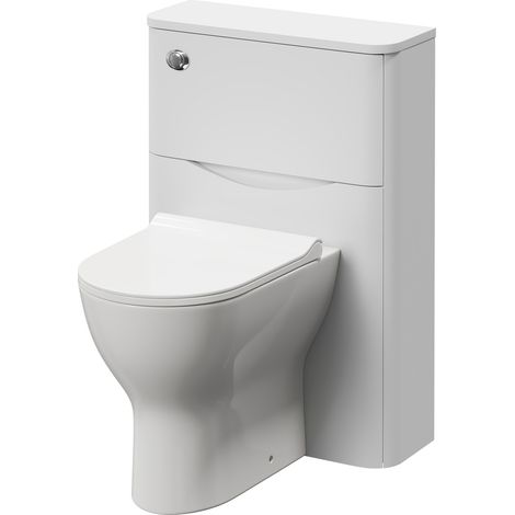 Vela Satin White 550mm Toilet Unit and Jubilee Short Projection Rimless Back to Wall Toilet Pan with Soft Close Toilet Seat