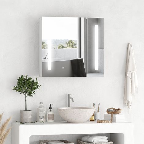 Rangement Armoire murale miroir lumineux LED salle de bain 2 portes avec 3 niveaux 70 x 15 x 65 cm - blanc