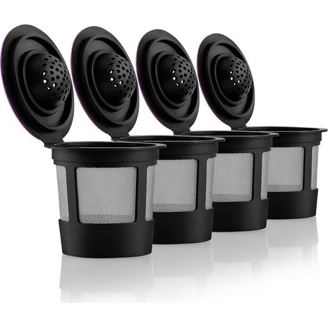 Quattro capsule K-Cup nere riutilizzabili con filtri per caffè, compatibili con i modelli Keurig 1.0 e 2.0. (1/5)