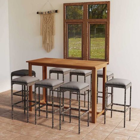 Ensemble Table de bar + 8 Chaises de bar de jardin avec coussins - Table Haute avec 8 Tabourets Gris BV470751 - BonneVie (1/5)