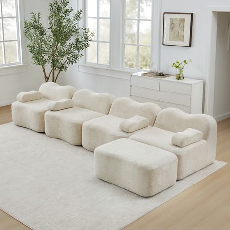 Canapé de esquina modular 4 plazas en terciopelo beige, forma en L con otomana, sin estructura y espuma 32D (1/5)