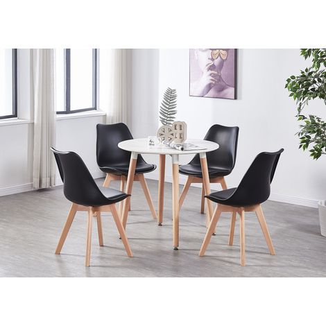Halo Round Lorenzo Dining Set - a White Wooden Dining Table and Set of 4 Black Polypropylene Dining Chairs - Dining Room Kitchen