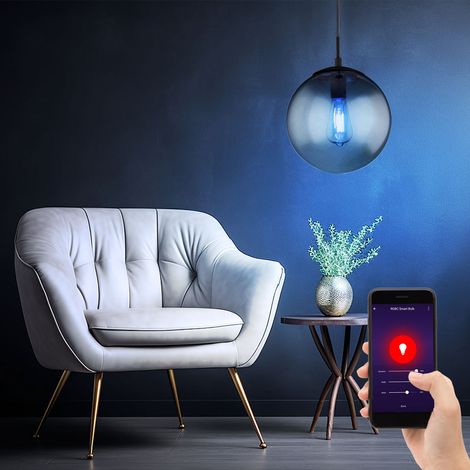 Lampada a sospensione con sfera di vetro lampada da tavolo da pranzo lampada da soggiorno a sospensione con sfera di vetro fumé, controllo app dimmerabile, Smart RGB LED 8,5W 806Lm, DxH 25x120cm