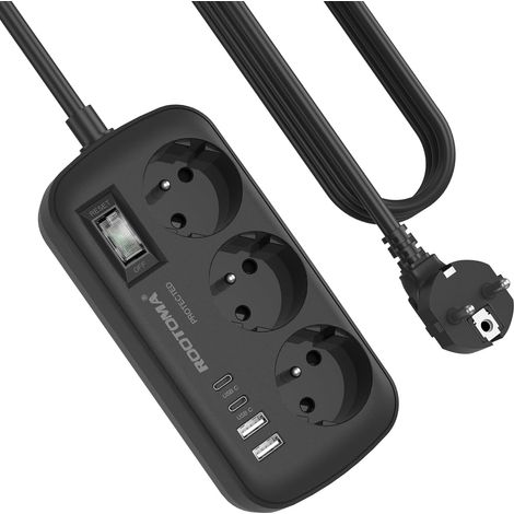 Multiprise Noir 3 Prises avec 4 USB (2 USB-C), Parafoudre Avec Interrupteur Anti-Surcharge, Câble de 1,5 m et Fixation Murale – Idéale pour la maison et le bureau, 16A/4000W (1/5)
