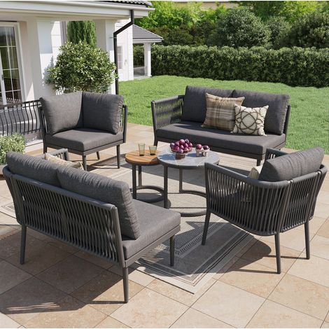 Tumbonas sofá de exterior modulares de metal y olefina gris, set de 6 piezas con 2 mesas y cojines de 8 cm (1/5)