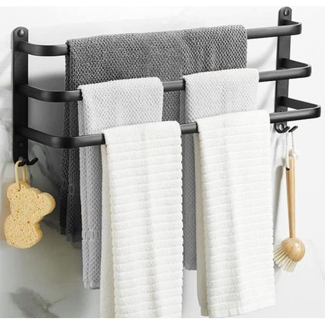 Porte-Serviettes Mural - 3 Barres Avec Crochets - Aluminium Noir - 50 x 24 x 14,4 cm - 1 Pièce (1/5)