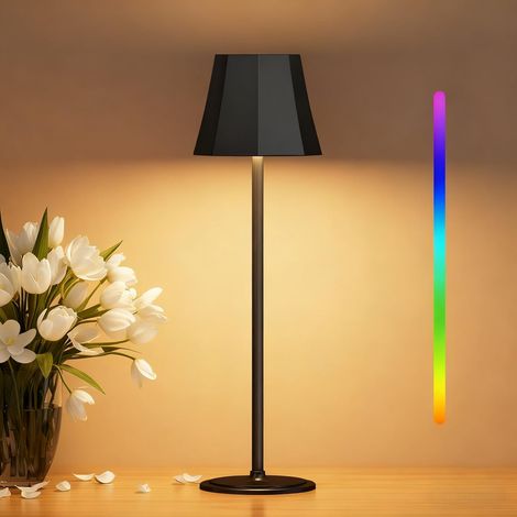 Lampe de Table Sans Fil Avec 3 Température de Couleur+RGB, Luminosité Réglable, Lampe de Chevet Tactile Rechargeable, IP54 Etanche pour Restaurant, Chambre, Salon, Camping, Jardin, Café (1/5)