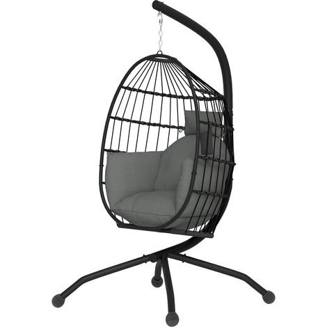 Eiförmiger Hängesessel für den Außenbereich, faltbar Hängeschaukel mit Becherhalter, abnehmbar waschbar Sitz, Gestell, Hängematte für 1 Personen, Schaukelsessel für Terrasse, Garten, Schwarz