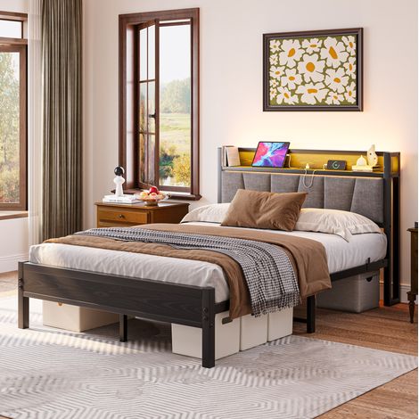 Lit 140x190 cm en métal et MDF noir, tête de lit de rangement, LED, USB et prise, sommier à lattes