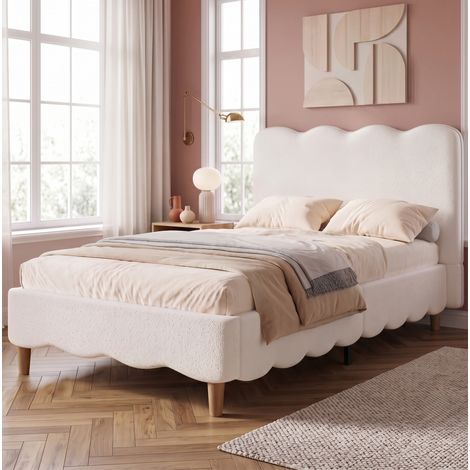 Letto per bambini 90 x 200 cm con rete, testiera imbottita, bouclé bianco HAVRYA (1/5)