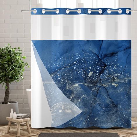 Rideau de Douche sans Crochets avec Doublure Amovible, Motif marbre Bleu foncé, Double épaisseur, décoratif pour Salle de Bain, avec Partie supérieure en Maille Transparente, 152 x 183 cm (1/5)