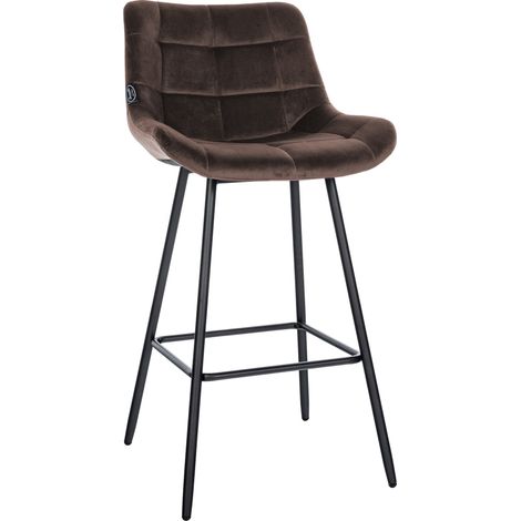 Taburete de bar x1 con reposapiés tapizado en terciopelo marrón base de cuatro patas de metal negro 100005464