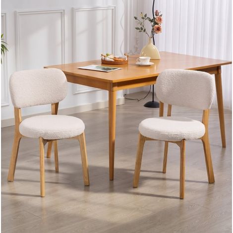 Juego de 2 sillas de comedor estilo Mid-Century, asiento acolchado, respaldo curvado, bouclé crema y madera (1/5)